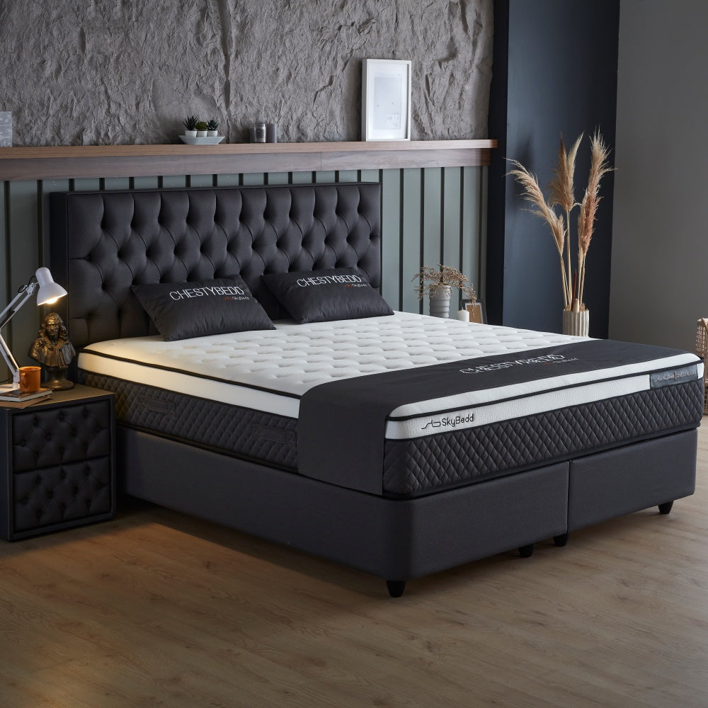 Boxspringbett / Stauraumbett  "ChestyBedd " Skybedd in  Anthrazit mit Matratze und integriertem Stauraum