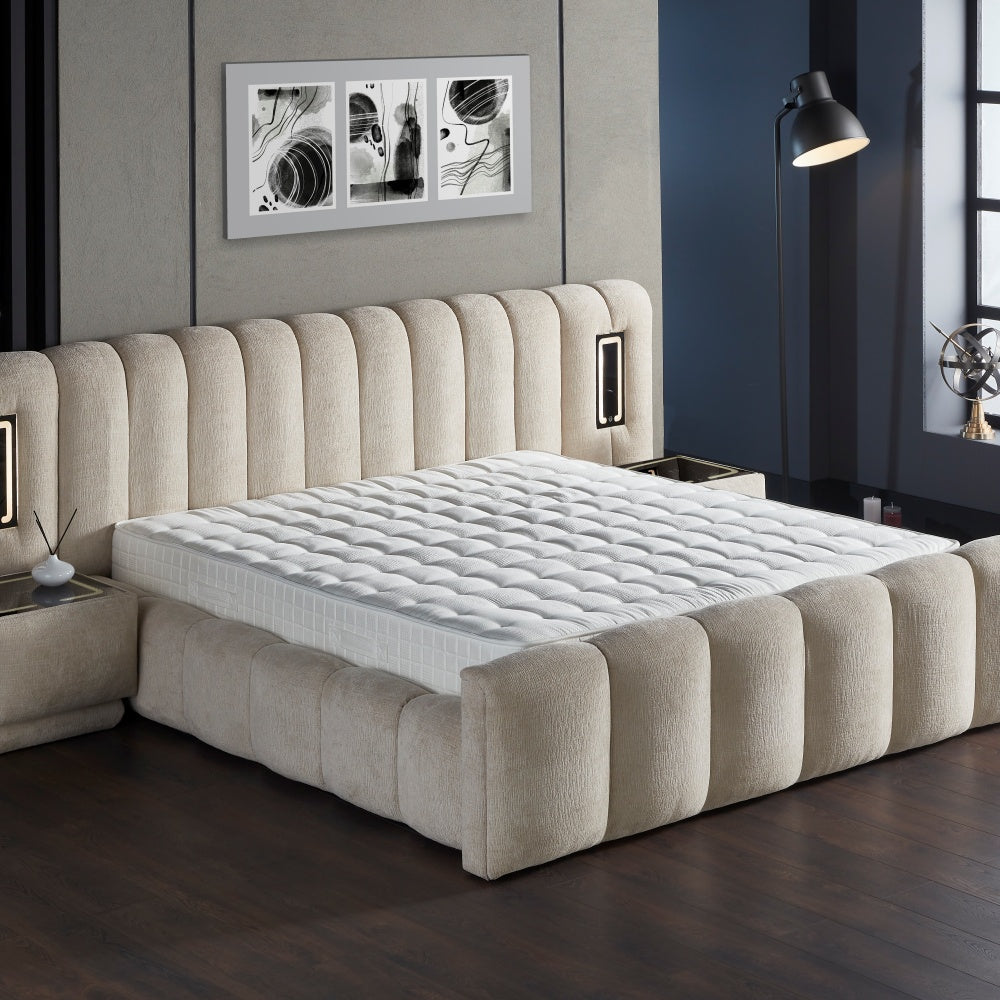 Boxspringbett / Stauraumbett "IosBedd " Skybedd Beige mit Matratze und integriertem Stauraum