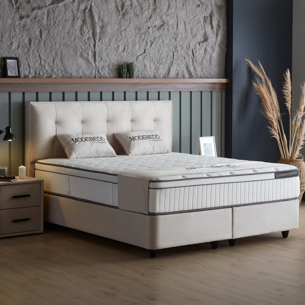 Boxspringbett / Stauraumbett  "ModeBedd" Skybedd in Grau & Beige mit Matratze und integriertem Stauraum