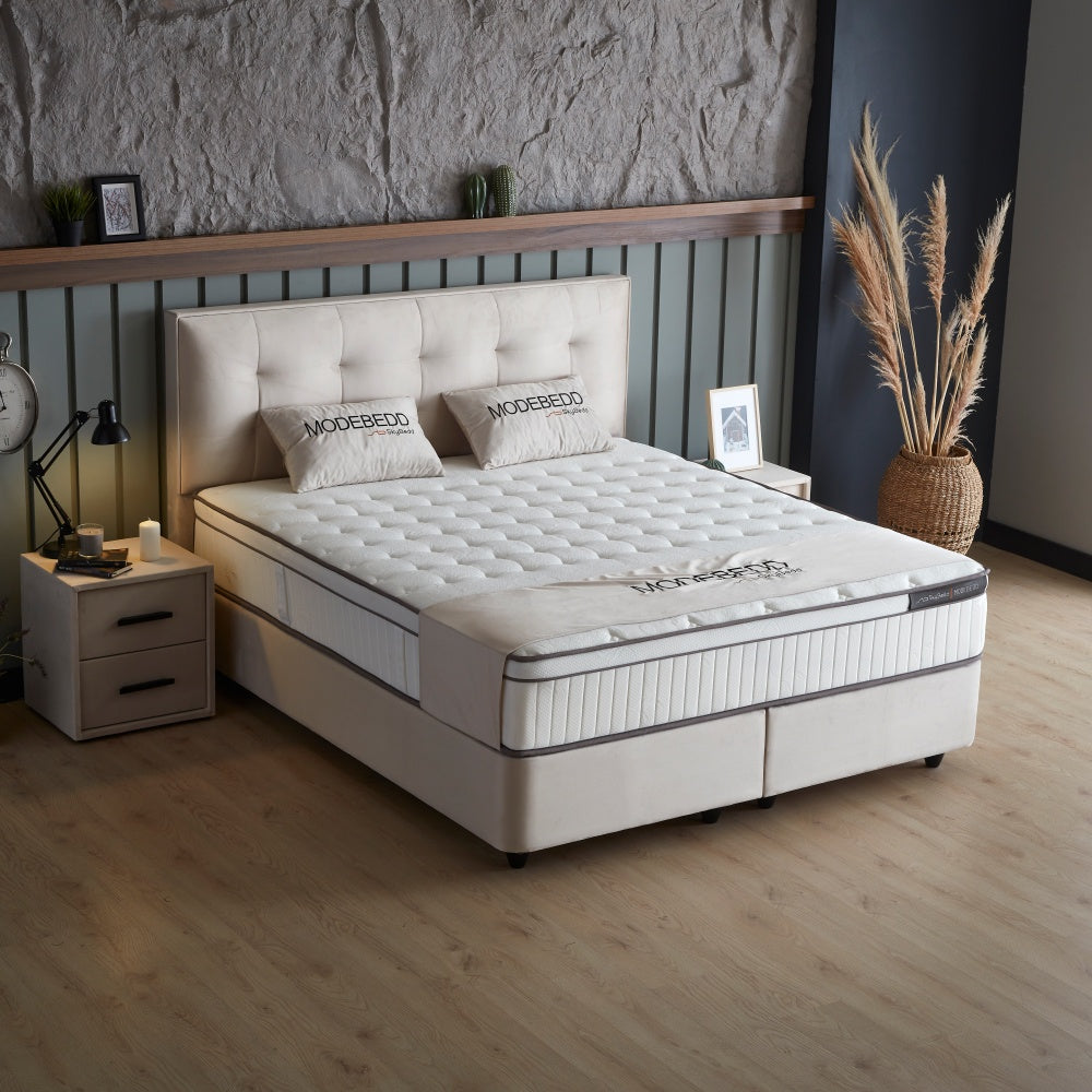 Boxspringbett / Stauraumbett  "ModeBedd" Skybedd in Grau & Beige mit Matratze und integriertem Stauraum