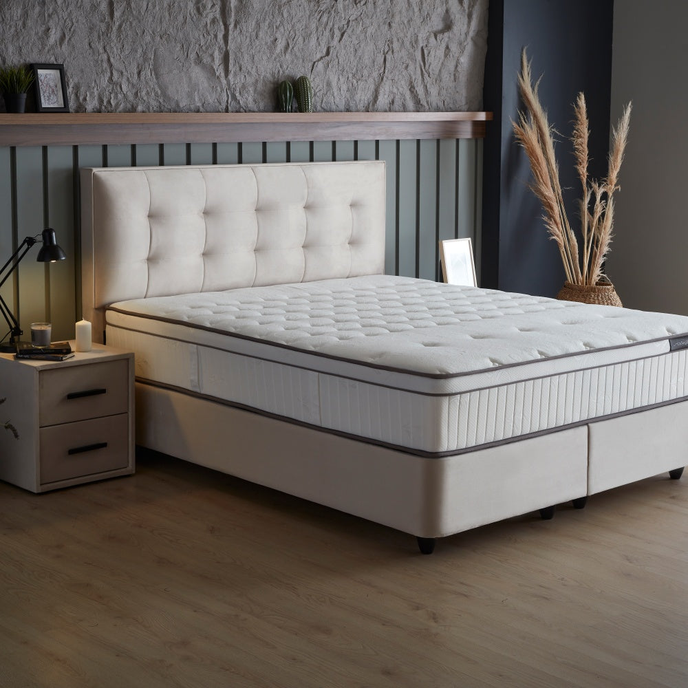 Boxspringbett / Stauraumbett  "ModeBedd" Skybedd in Grau & Beige mit Matratze und integriertem Stauraum