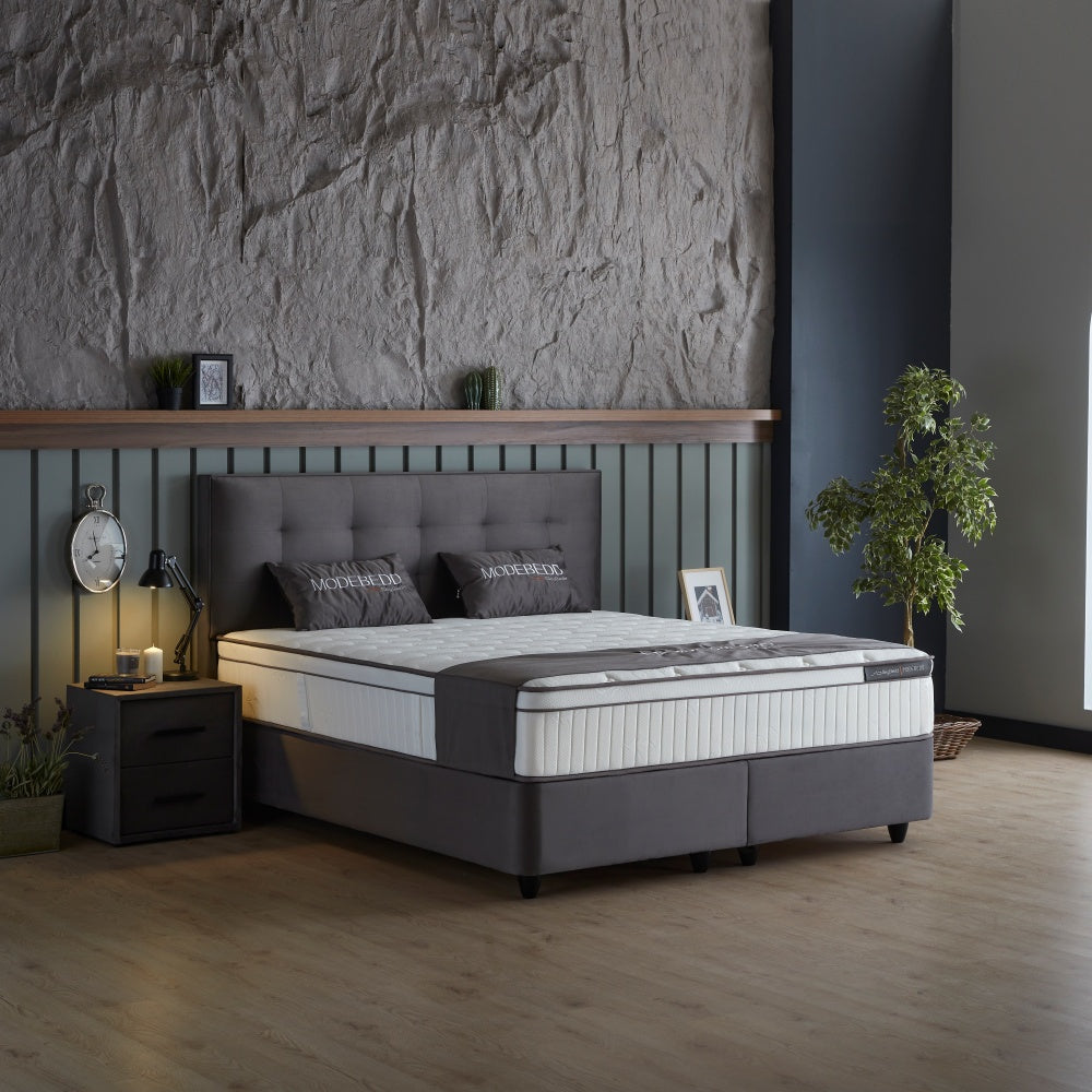 Boxspringbett / Stauraumbett  "ModeBedd" Skybedd in Grau & Beige mit Matratze und integriertem Stauraum