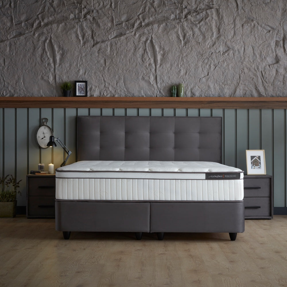 Boxspringbett / Stauraumbett  "ModeBedd" Skybedd in Grau & Beige mit Matratze und integriertem Stauraum