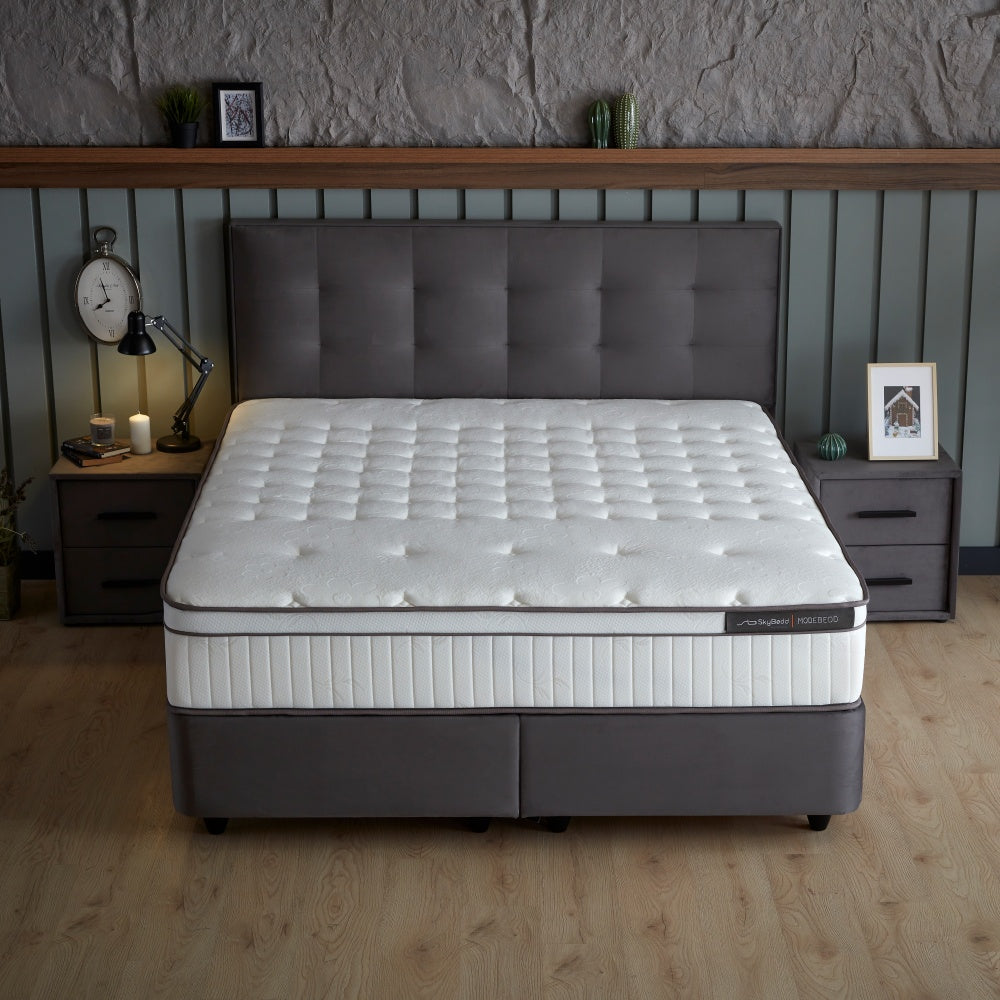 Boxspringbett / Stauraumbett  "ModeBedd" Skybedd in Grau & Beige mit Matratze und integriertem Stauraum