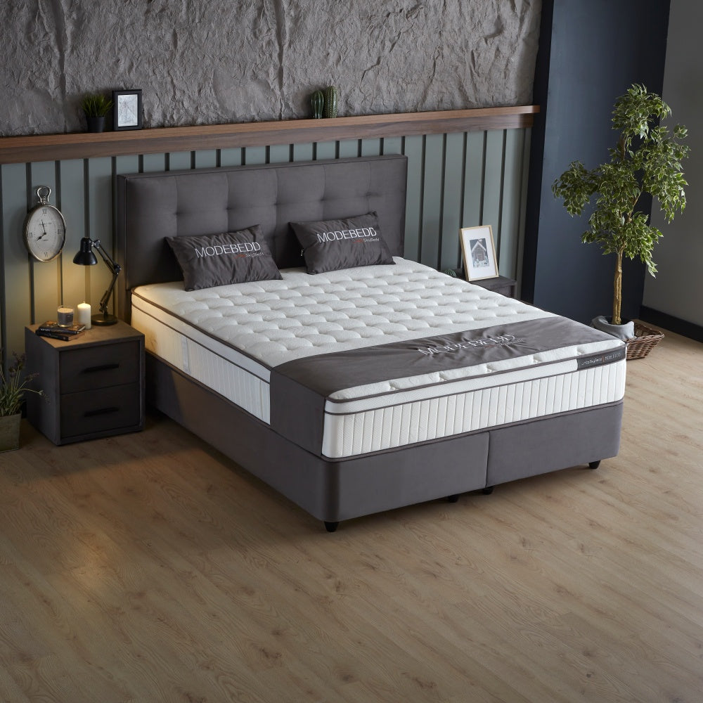 Boxspringbett / Stauraumbett  "ModeBedd" Skybedd in Grau & Beige mit Matratze und integriertem Stauraum