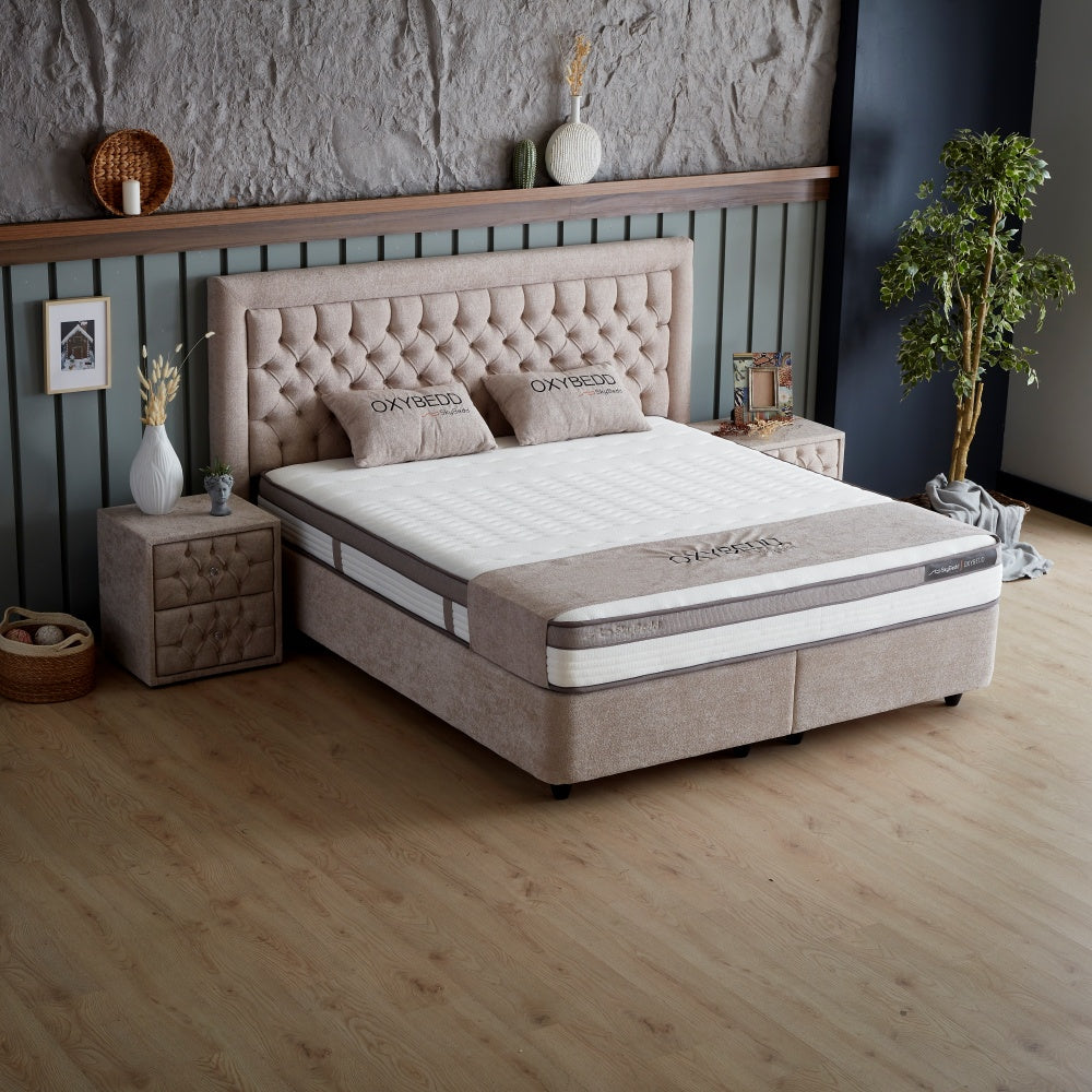 Boxspringbett / Stauraumbett  "Oxybedd" Skybedd Beige mit Matratze und integriertem Stauraum