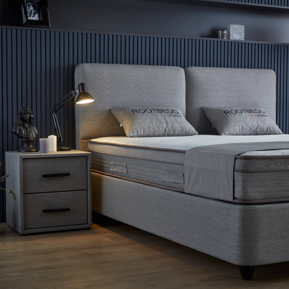 Boxspringbett / Stauraumbett "RootBedd" Skybedd in Grau mit Matratze und integriertem Stauraum