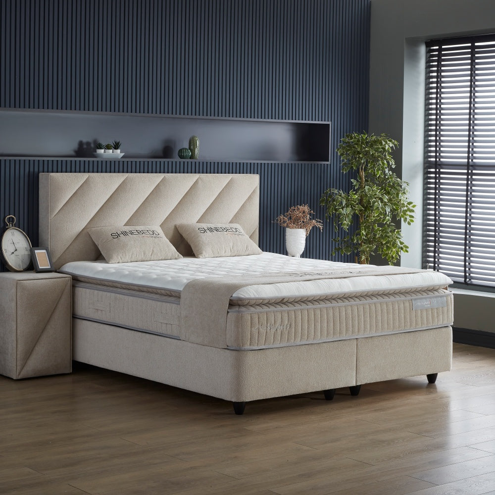 Boxspringbett / Stauraumbett "ShineBedd" Skybedd Creme mit Matratze und integriertem  Stauraum