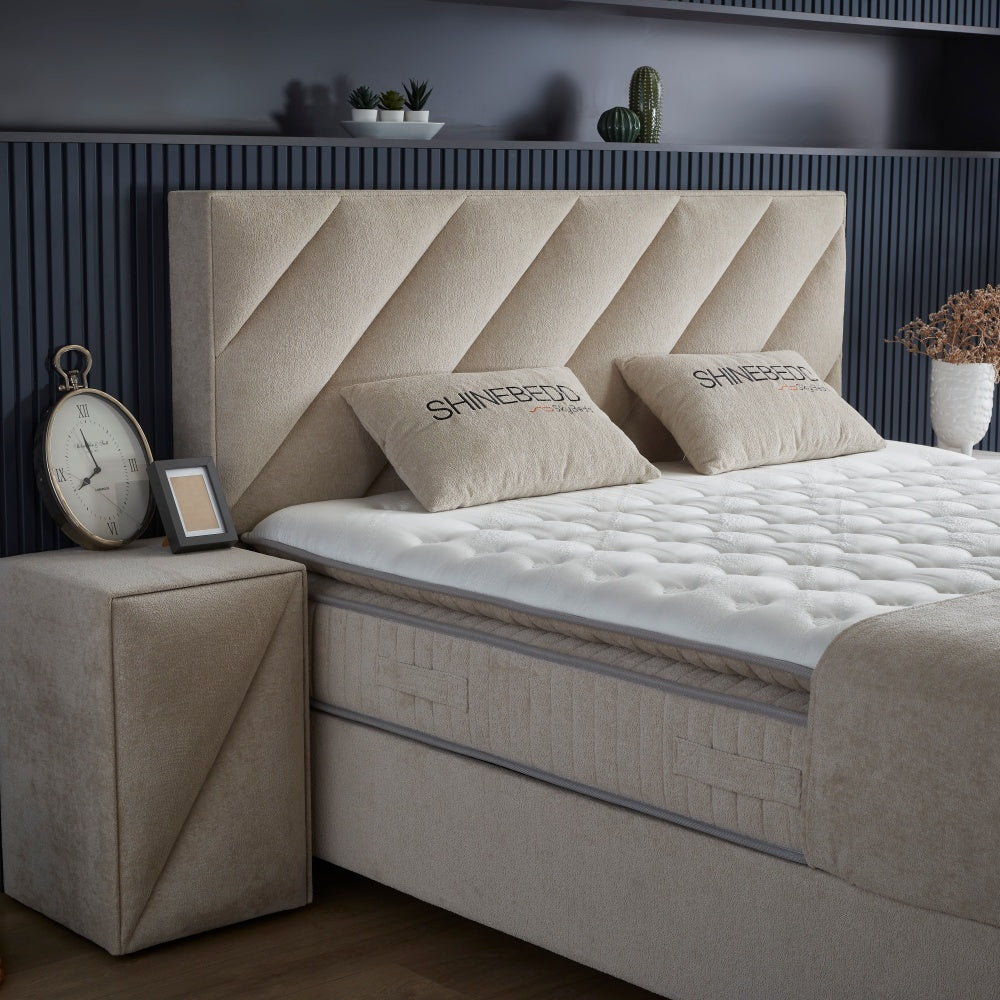 Boxspringbett / Stauraumbett "ShineBedd" Skybedd Creme mit Matratze und integriertem  Stauraum