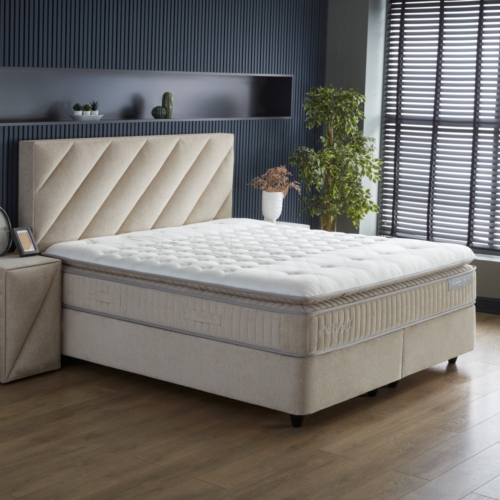 Boxspringbett / Stauraumbett "ShineBedd" Skybedd Creme mit Matratze und integriertem  Stauraum