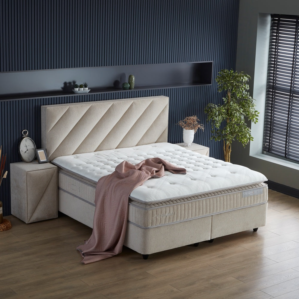 Boxspringbett / Stauraumbett "ShineBedd" Skybedd Creme mit Matratze und integriertem  Stauraum