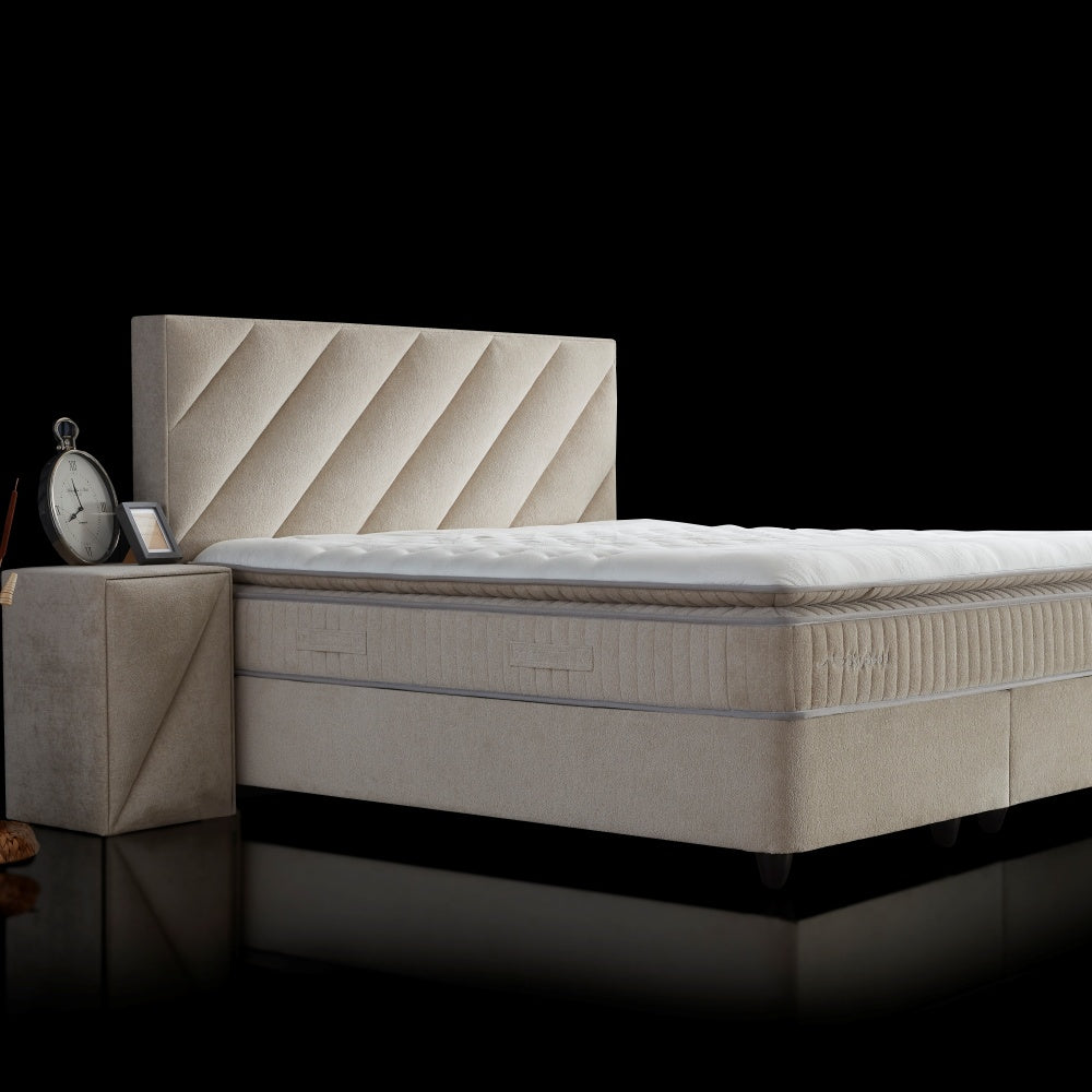 Boxspringbett / Stauraumbett "ShineBedd" Skybedd Creme mit Matratze und integriertem  Stauraum