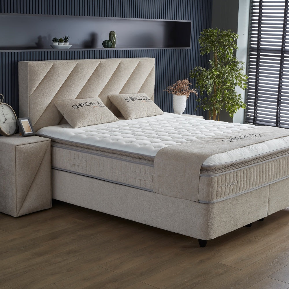 Boxspringbett / Stauraumbett "ShineBedd" Skybedd Creme mit Matratze und integriertem  Stauraum